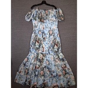 Balticborn Dress 2XL Blue Floral Amalfi Maxi Smocked‎ Off Shoulder Drop Waist